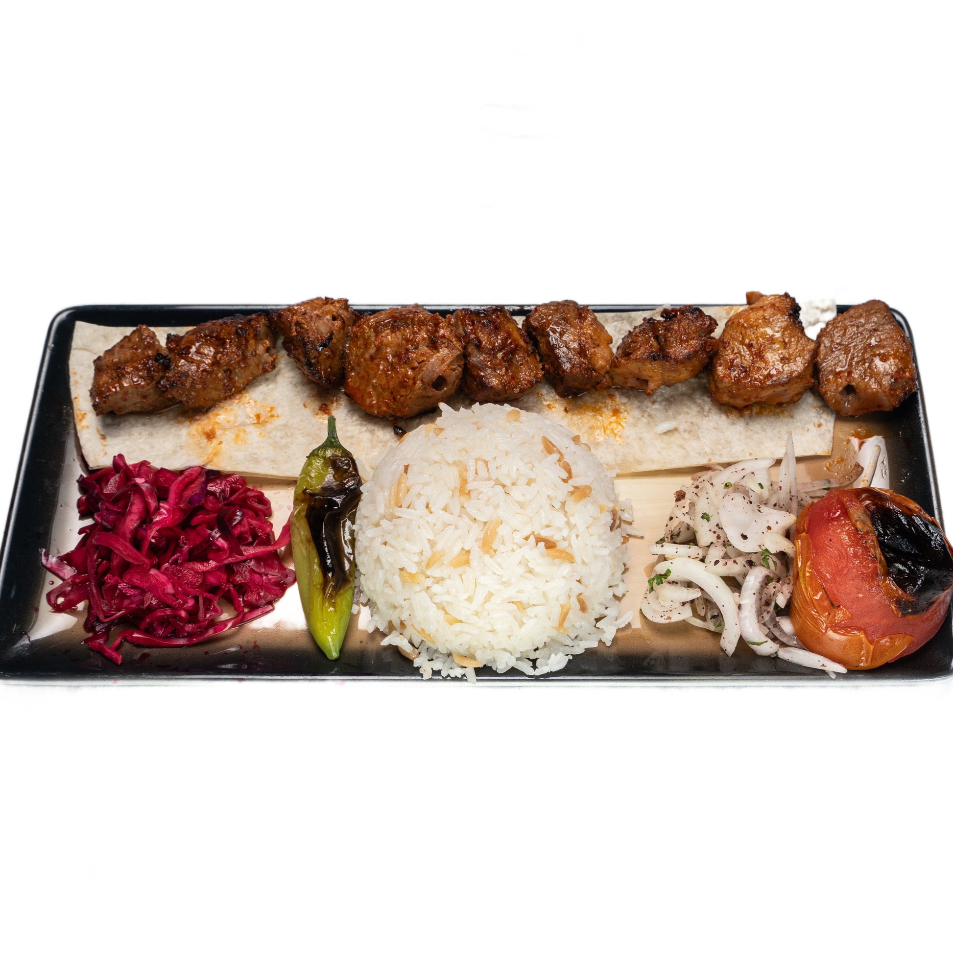 Beef Shish Kebab skewers served with rice and fresh salad at Zuzu Kebab Singapore