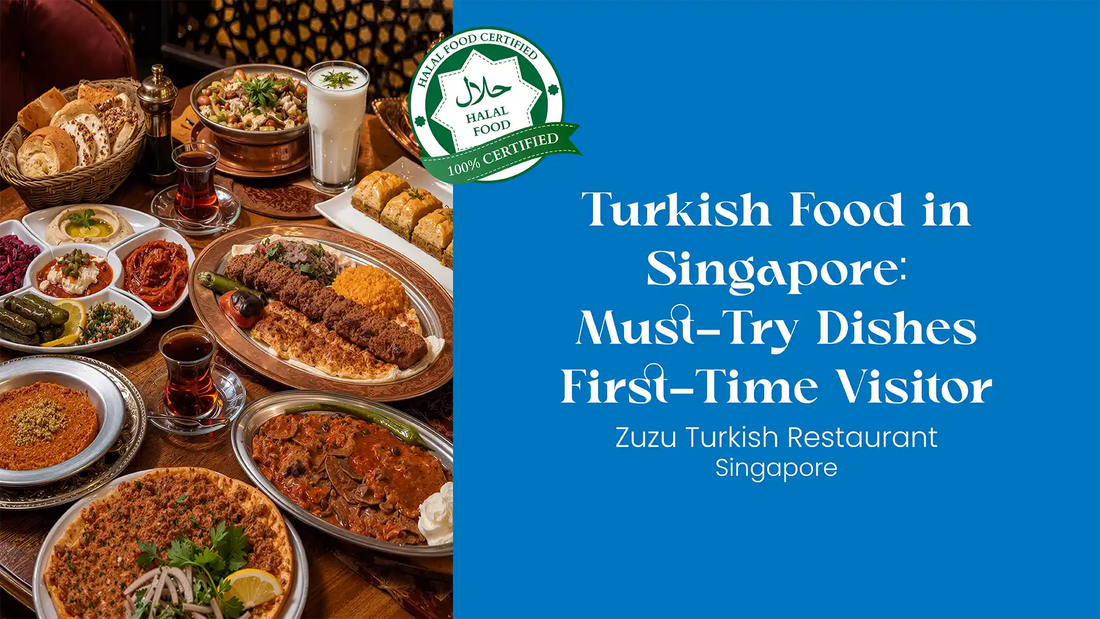 Authentic Turkish food Singapore spread with kebabs, mezze, lahmacun, Turkish desserts, tea and ayran on a warm restaurant table.