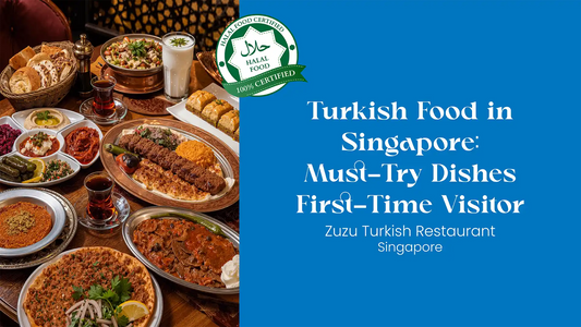 Authentic Turkish food Singapore spread with kebabs, mezze, lahmacun, Turkish desserts, tea and ayran on a warm restaurant table.