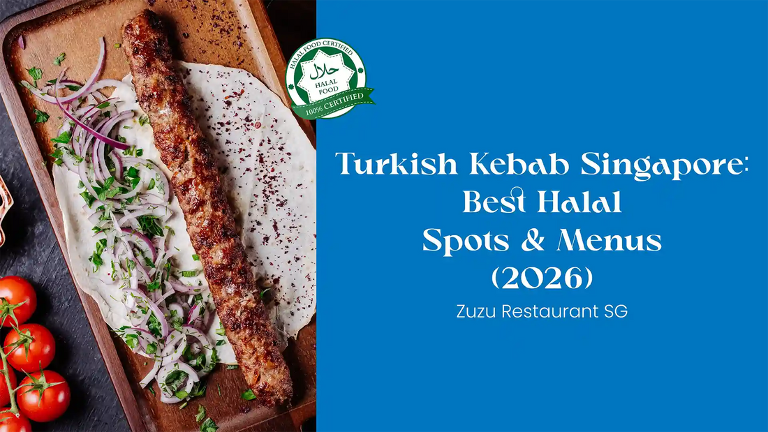 Authentic Turkish kebab served on flatbread with herbs, featuring Zuzu Restaurant Singapore's 2026 guide to Best Halal Spots and Menus.