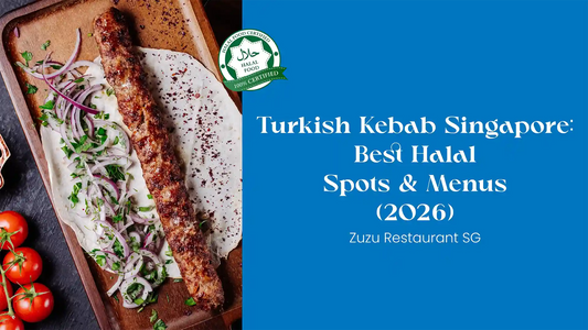 Authentic Turkish kebab served on flatbread with herbs, featuring Zuzu Restaurant Singapore's 2026 guide to Best Halal Spots and Menus.
