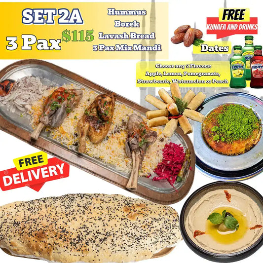 Zuzu Restaurant Iftar Set 2A for three featuring mix mandi with lamb and chicken, hummus, borek, lavash bread, dates, dessert and free delivery.