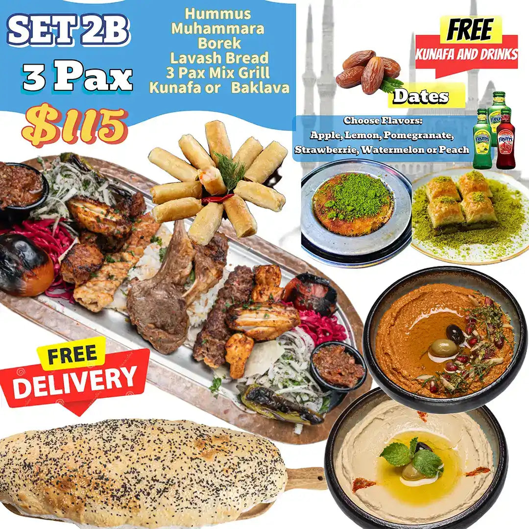 Zuzu Restaurant Iftar Set 2B for three featuring mix grill platter, hummus, muhammara, borek, lavash bread, dates, dessert and free delivery.