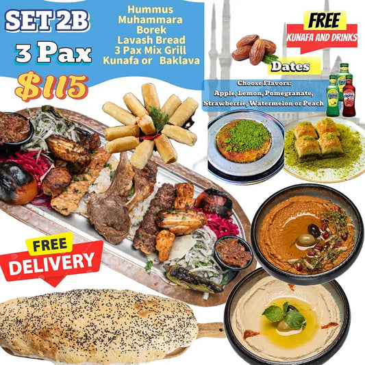 Zuzu Restaurant Iftar Set 2B for three featuring mix grill platter, hummus, muhammara, borek, lavash bread, dates, dessert and free delivery.