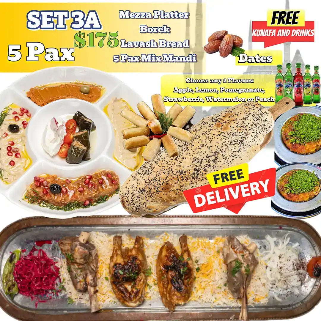 Zuzu Restaurant Iftar Set 3A for five featuring mix mandi platter, mezze selection, borek, lavash bread, dates, dessert and free delivery.
