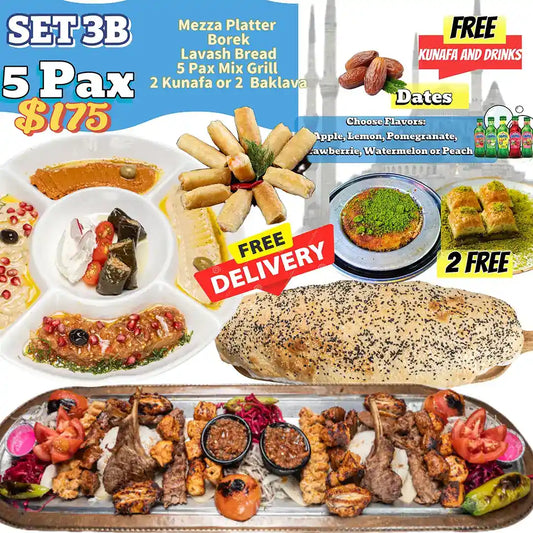 Zuzu Restaurant Iftar Set 3B for five featuring mix grill platter, mezze selection, borek, lavash bread, dates, desserts and free delivery.