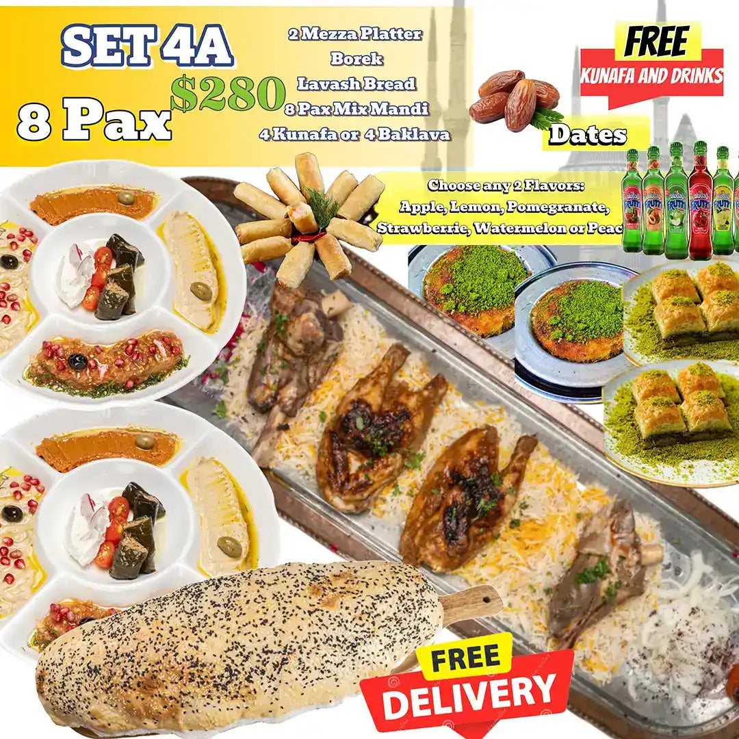 Zuzu Restaurant Iftar Set 4A for eight featuring mix mandi platter, two mezze platters, borek, lavash bread, dates, desserts and free delivery.