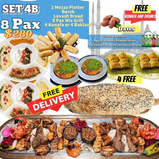 Zuzu Restaurant Iftar Set 4B for eight featuring mix grill platter, two mezze platters, borek, lavash bread, dates, desserts and free delivery.