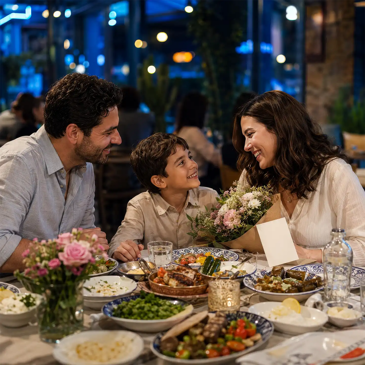 Family celebrating Mother's Day dinner with Turkish dishes at Zuzu Turkish Restaurant in Singapore